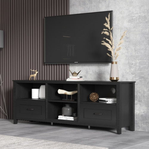 Open Shelving TV Stand With Bookcase And Two Drawers - Black