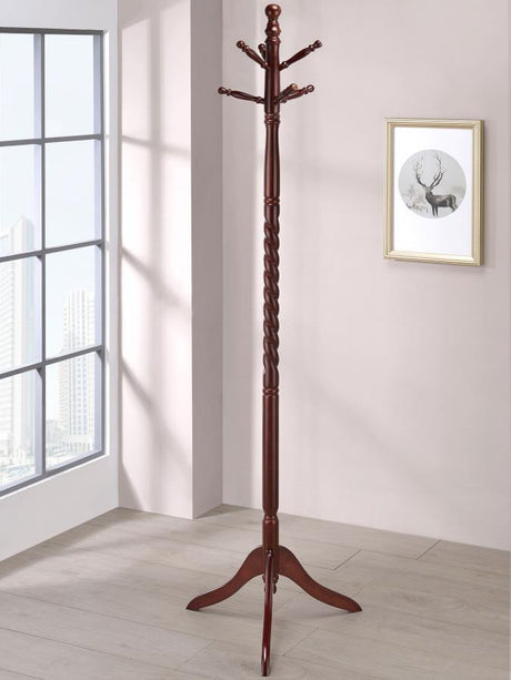 Riona - 6 Hook Freestanding Wood Coat Rack Hat Hanger - Merlot by CoasterEveryday | Bel Furniture