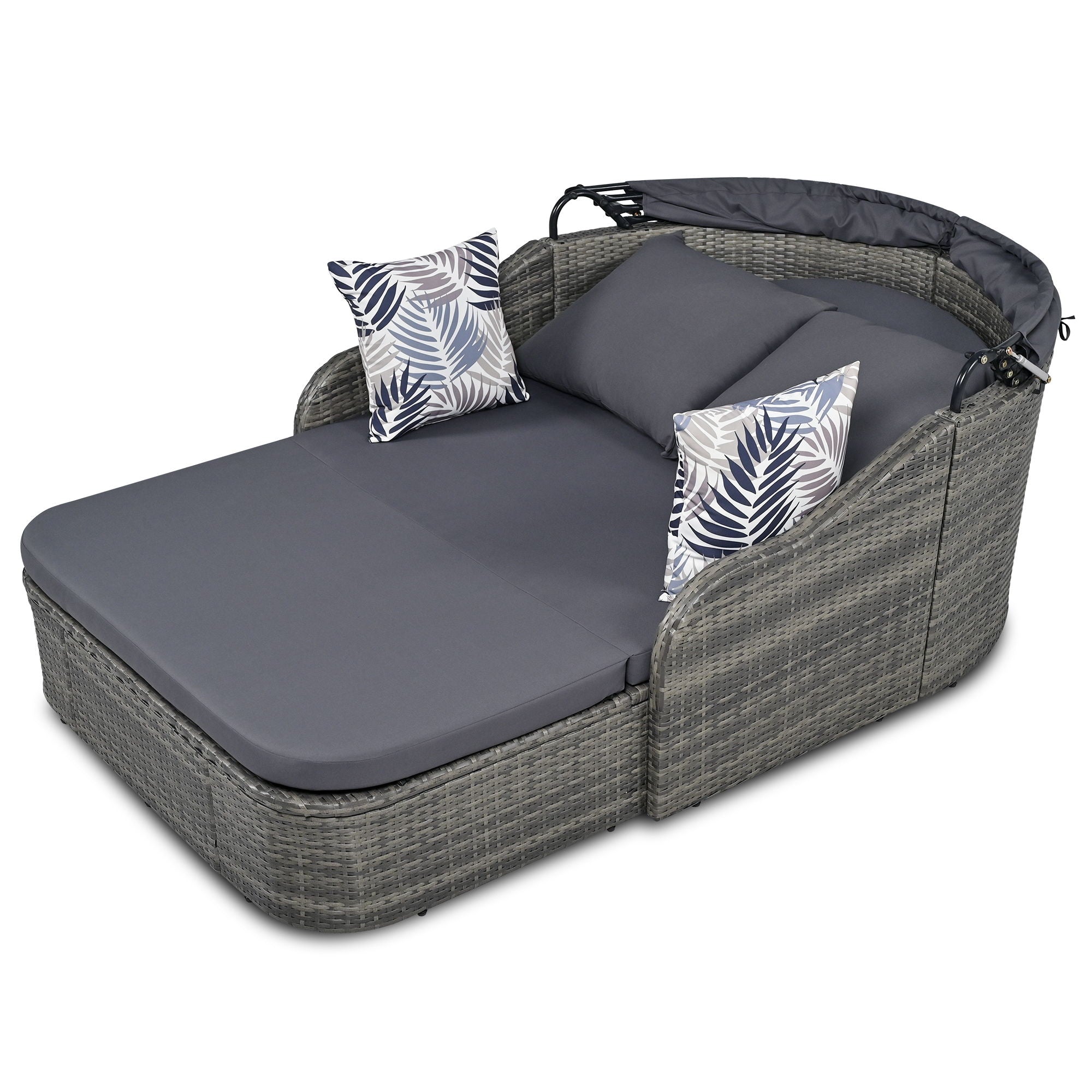 Outdoor Sunbed With Adjustable Canopy, Daybed With Pillows, Double Lounge, PE Rattan Daybed