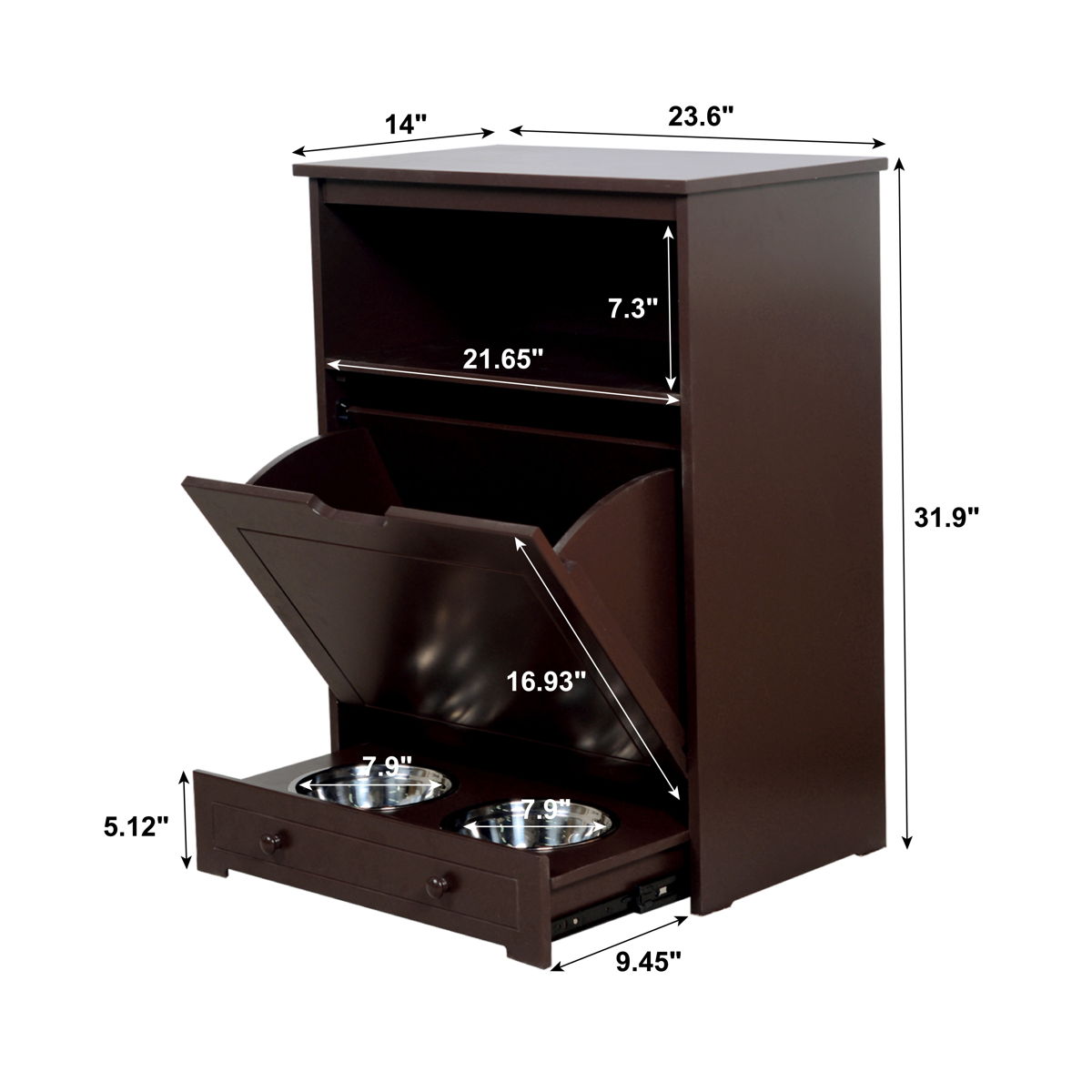 Pet Feeder Station With Storage, Waterproof Painted, Dog And Cat Feeder Cabinet With Stainless Bowl - Brown