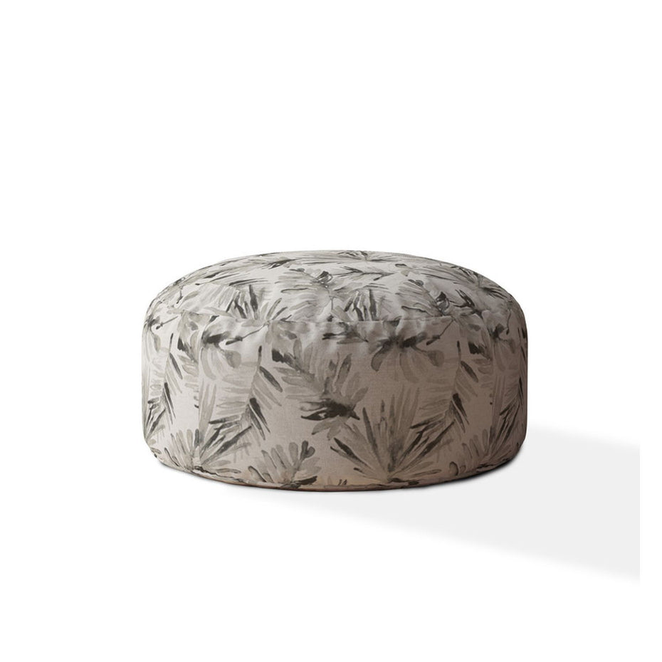 Cotton Round Floral Pouf Cover - Beige