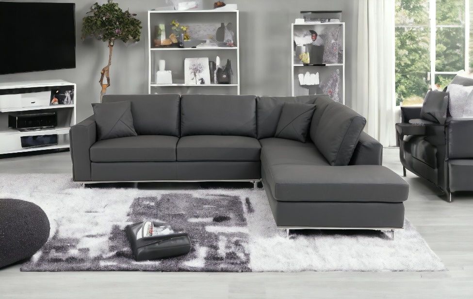 Italian Leather Reclining L Shaped Two Piece Corner Sectional - Dark Gray