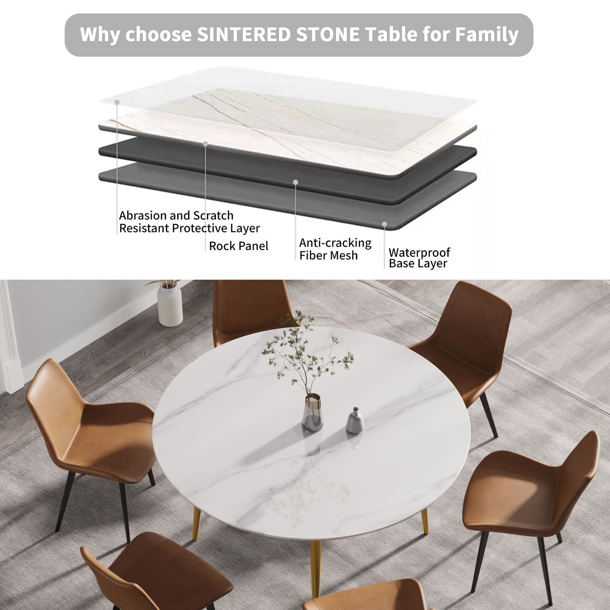 Modern Man-Made Stone Round Metal Dining Table-Position For 6 People