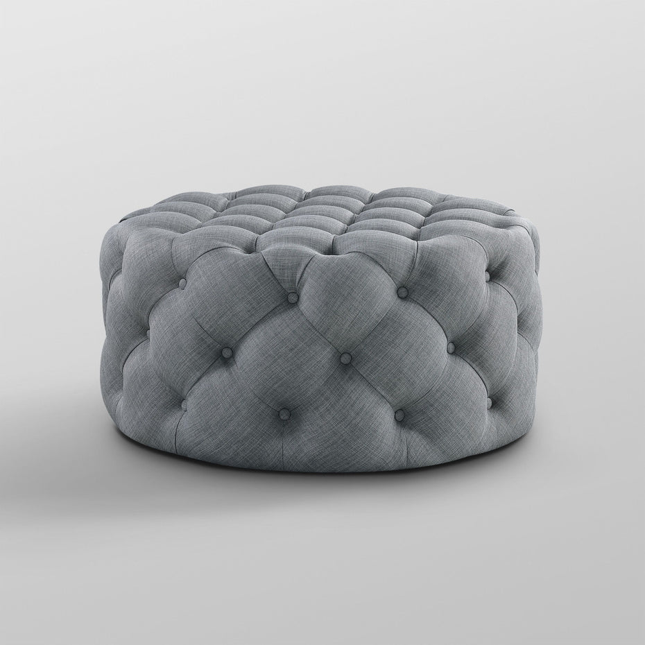 Linen Rolling Tufted Round Cocktail Ottoman - Light Gray