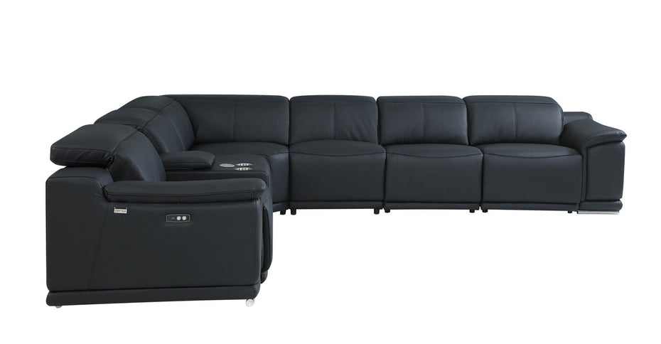 Italian Leather U Shaped Power Reclining Seven Piece Corner Sectional With Console - Black