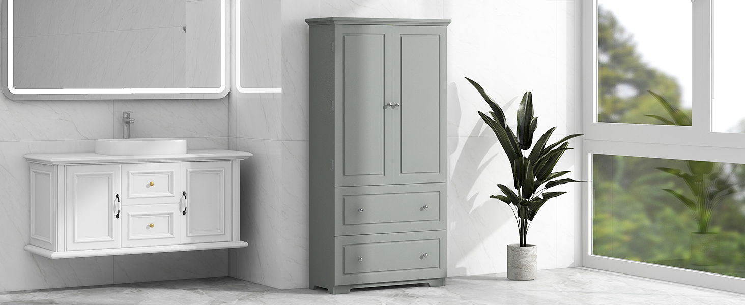 Wide Bathroom Storage Cabinet, Freestanding Storage Cabinet With Two Drawers And Adjustable Shelf, MDF Board With Painted Finish - Gray