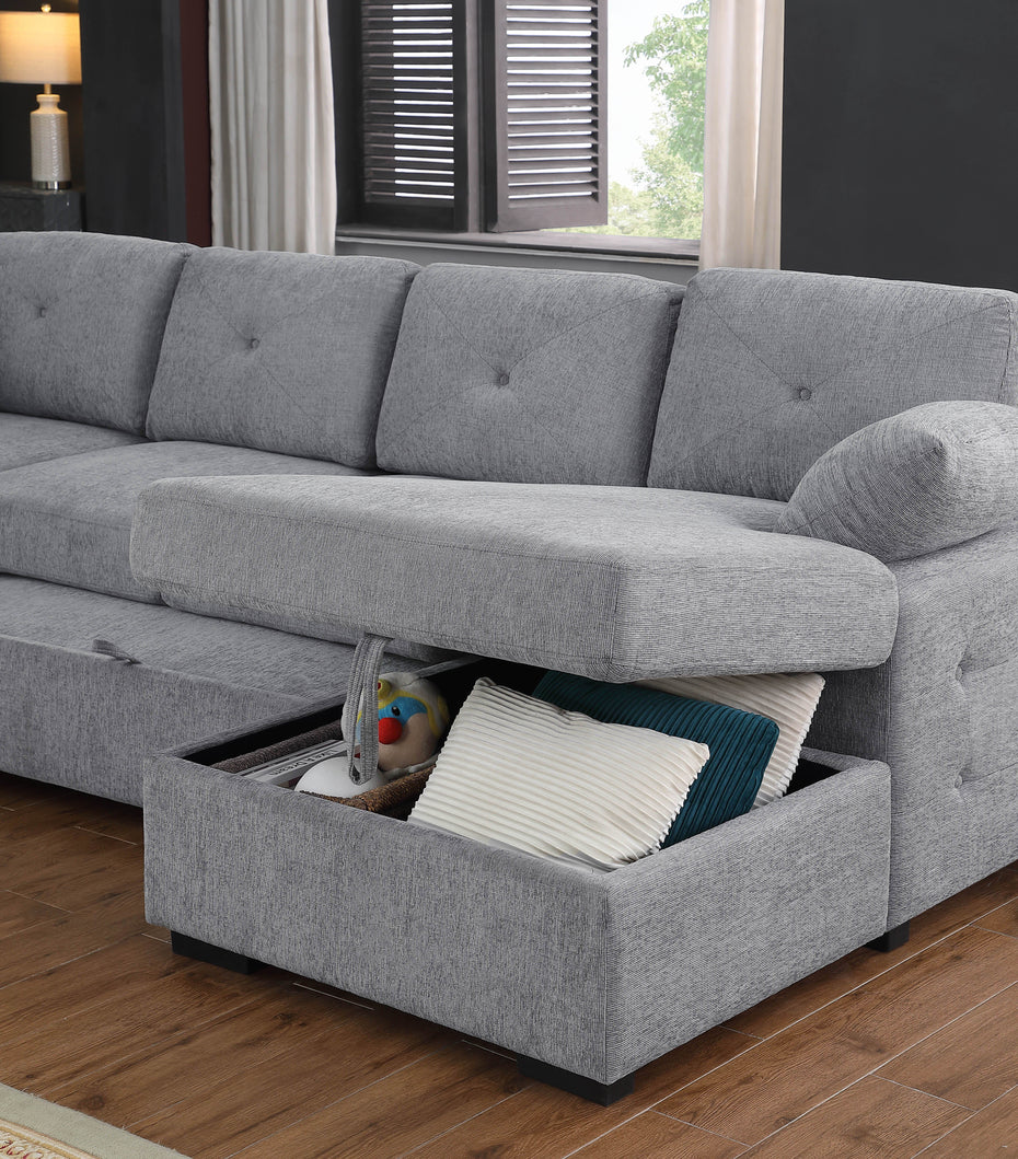 Nyhan - Upholstered Corner Sectional With Pull Out Loveseat And Storaged Chaise - Light Gray