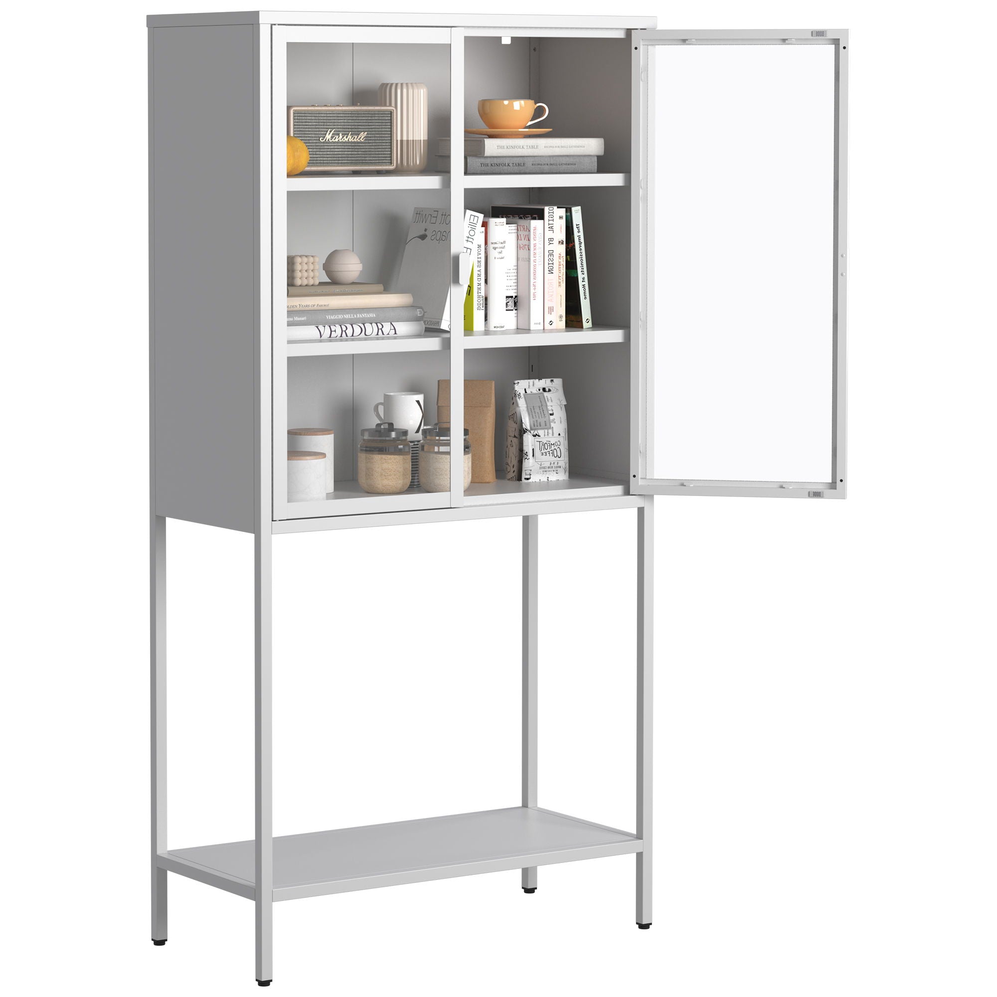 Heavy Duty Metal Storage Cabinet, Display Storage Cabinet With Glass Doors And 2 Adjustable Shelves, Tall Bookcase Modern Bookshelf Cabinet For Home Office, Living Room, Pantry