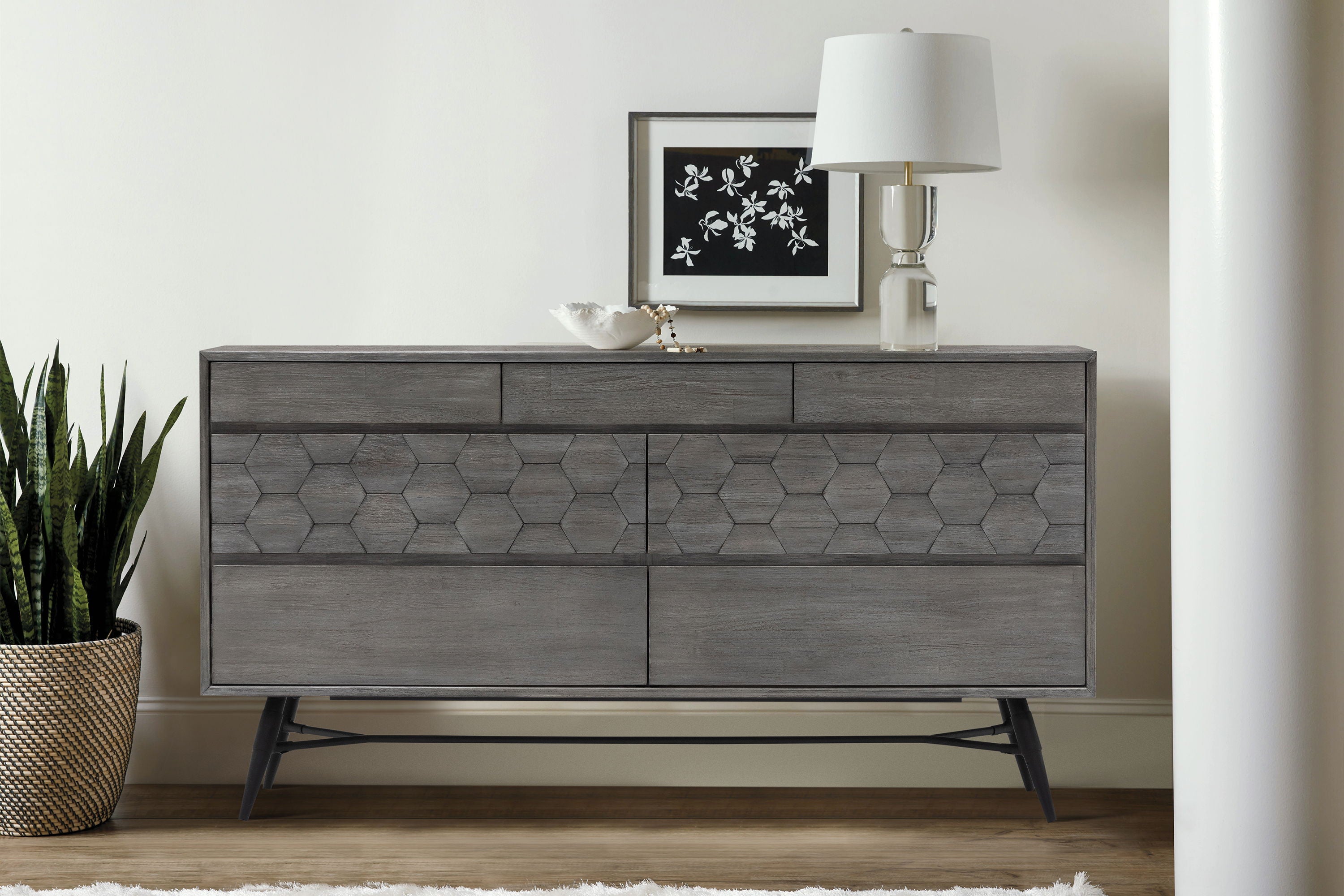 Honeycomb Carved Solid Wood Six Drawer Double Dresser - Gray