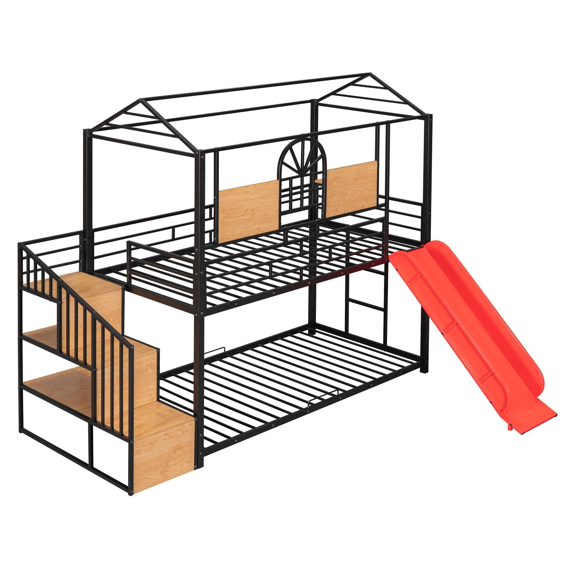 Metal Bunk Bed, Metal Housebed With Slide And Storage Stair