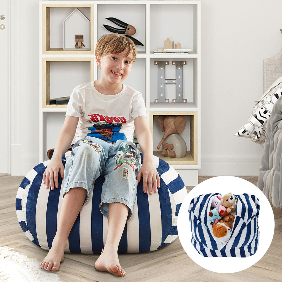 Microfiber Round Striped Pouf Cover - Blue / White