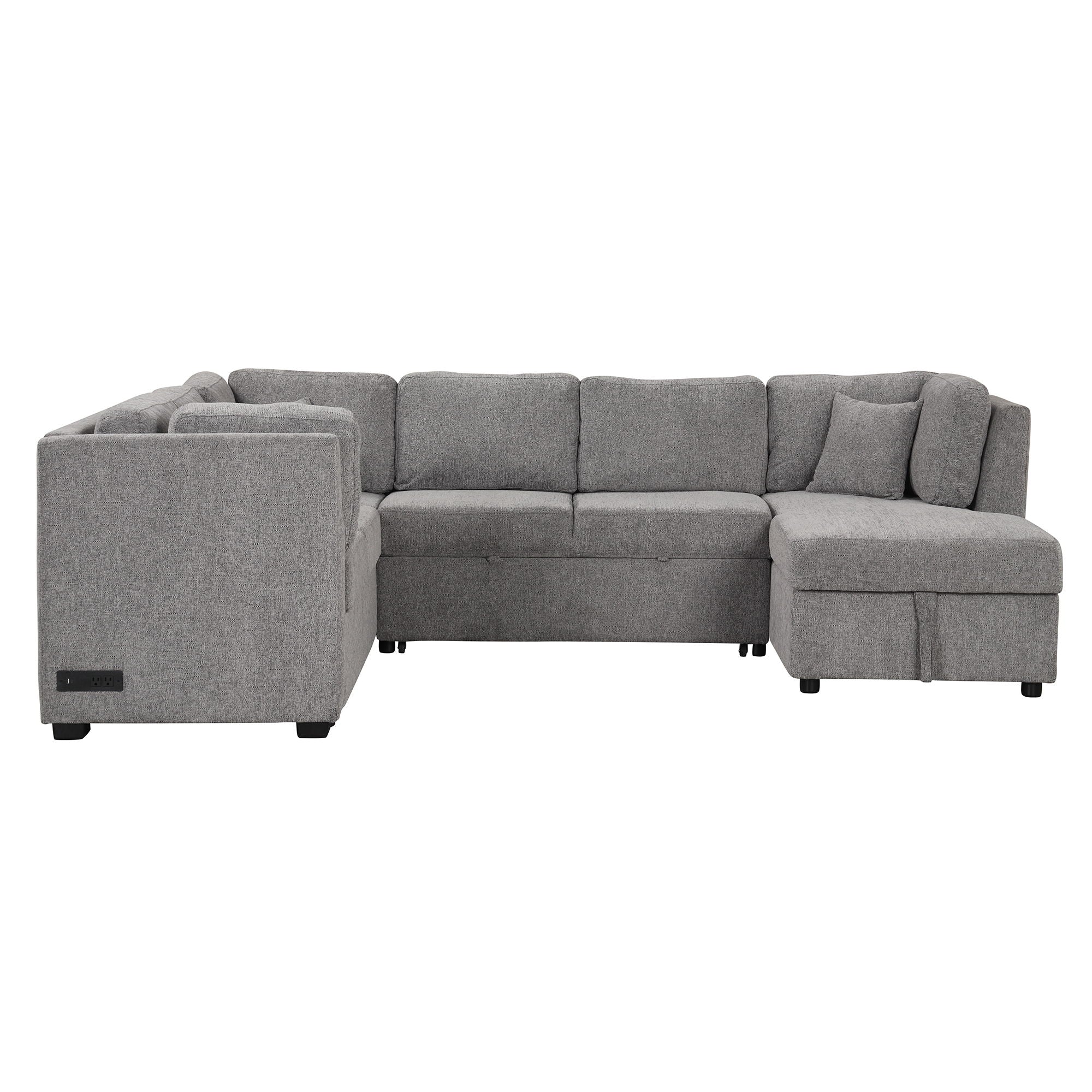 U-Shaped Sectional Sofa Pull Out Sofa Bed With Two USB Ports, Two Power Sockets, Three Back Pillows And A Storage Chaise For Living Room