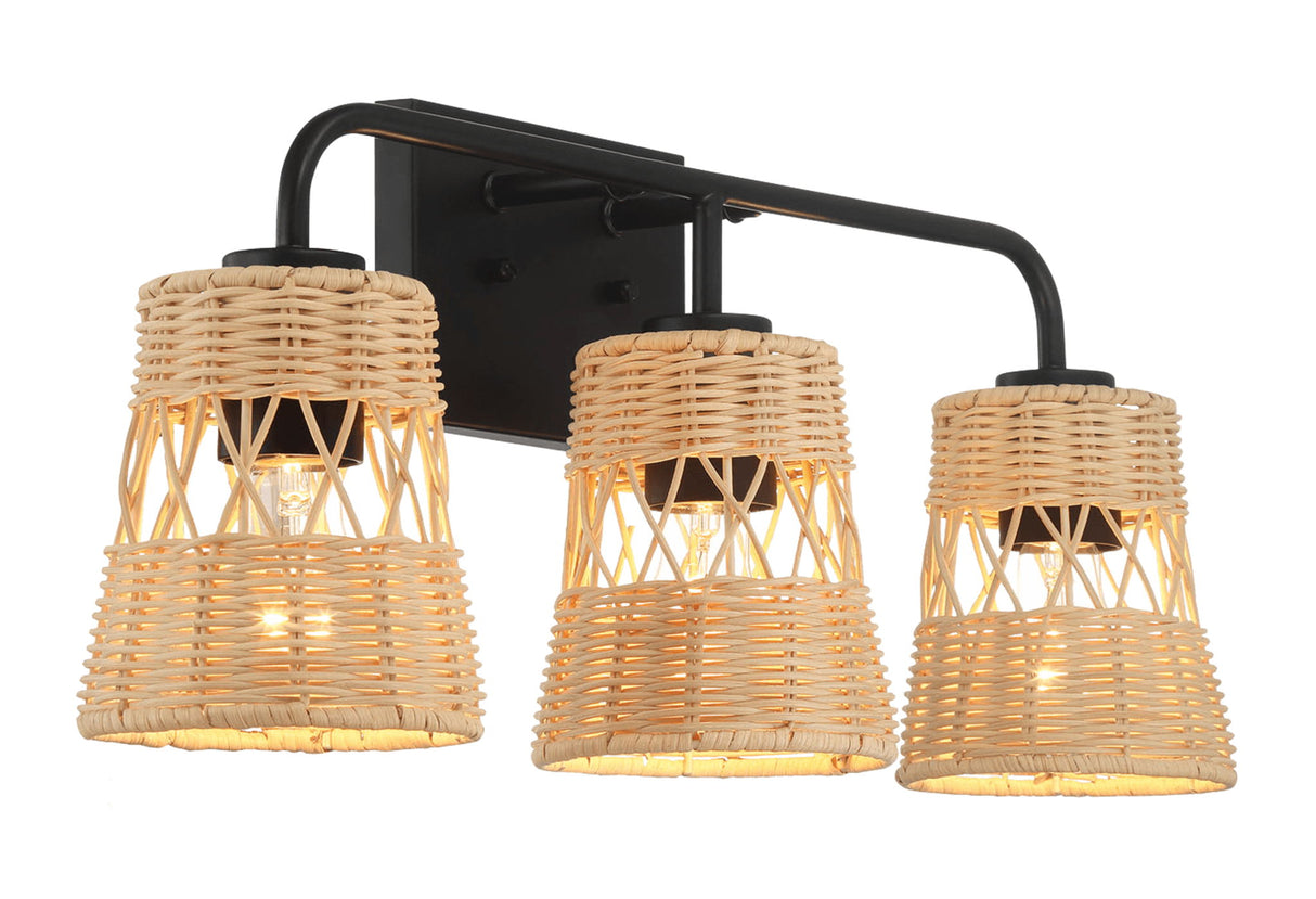 Moonlit - 3 Lights Wall Sconce With Shade, Bathroom Lighting Fixtures Over Mirror - Black / Rattan by Ashcroft Furniture | Bel Furniture
