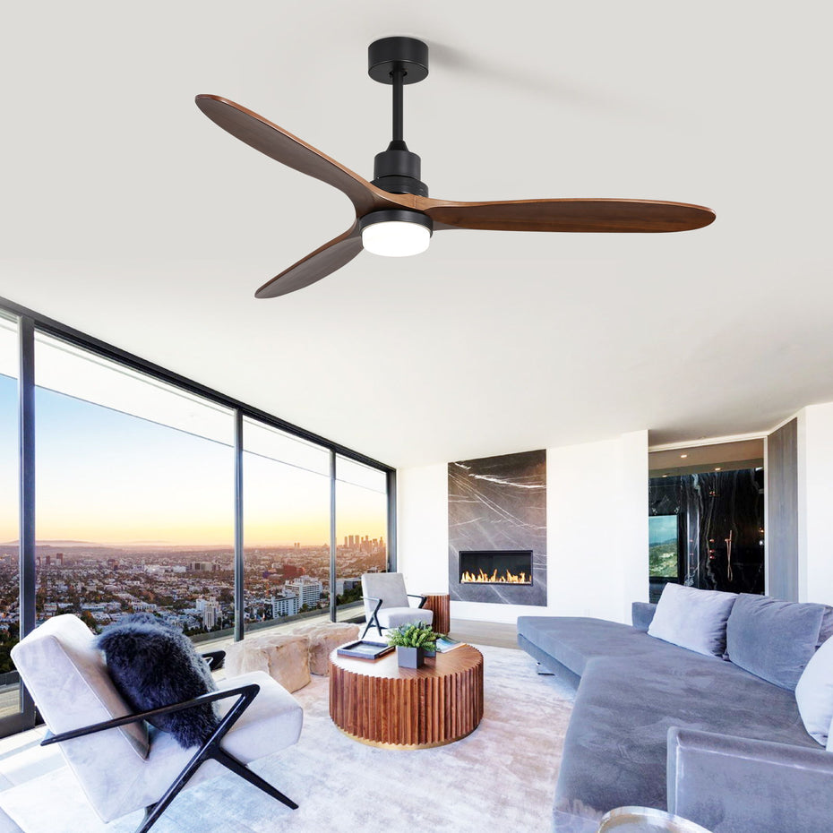 Ceiling Fan With Lights 3 Solid Wood Fan Blade Noiseless Reversible Motor Remote Control - Black