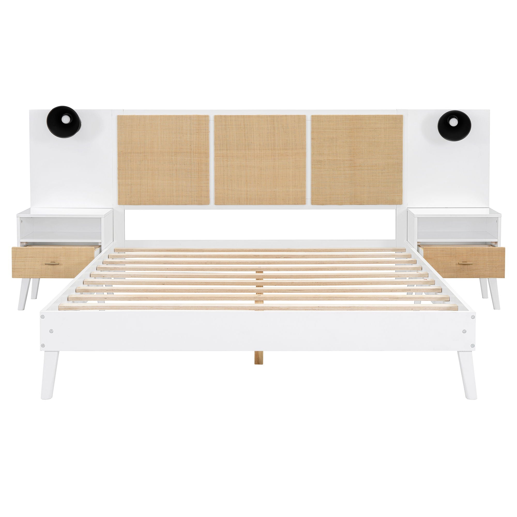 Solid Wood Bed Frame With 2 Nightstands, Elegant Design With Lamps, Rattan And Wood Combination