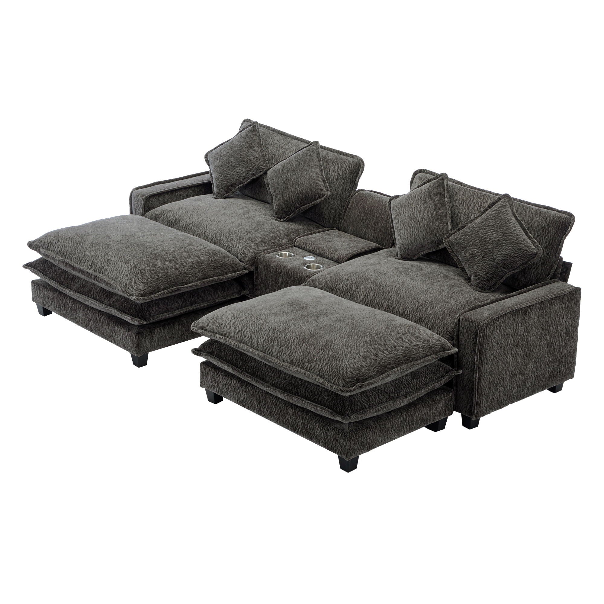 Sectional Sofa Chenille Upholstered Sofa With Two Removable Ottoman, Two USB Ports, Two Cup Holders And Large Storage Box For Living Room