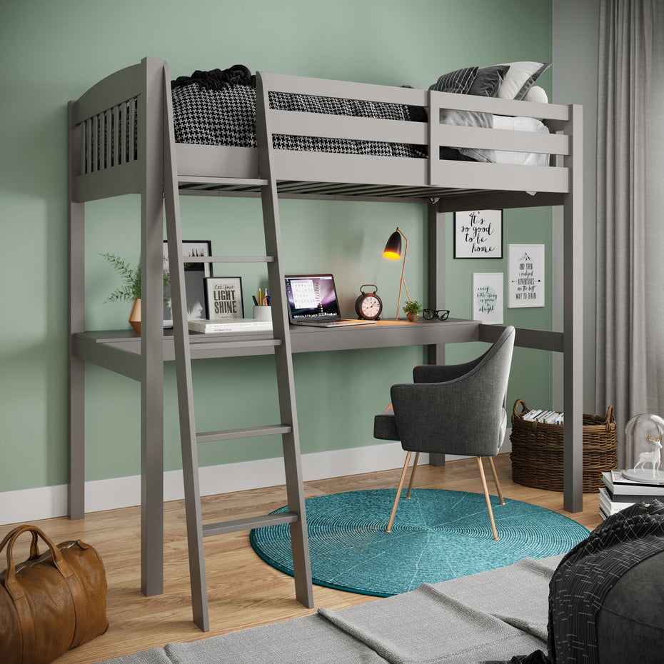 Solid Wood Twin Size Loft Bed with Desk and Storage - Gray