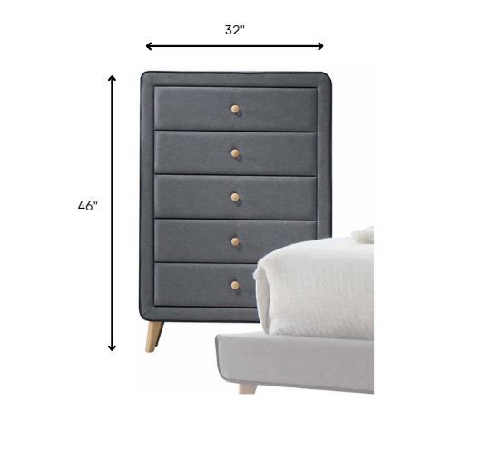 Upholstery 5 Drawer Chest Dresser With Light Natural Legs - Light Gray