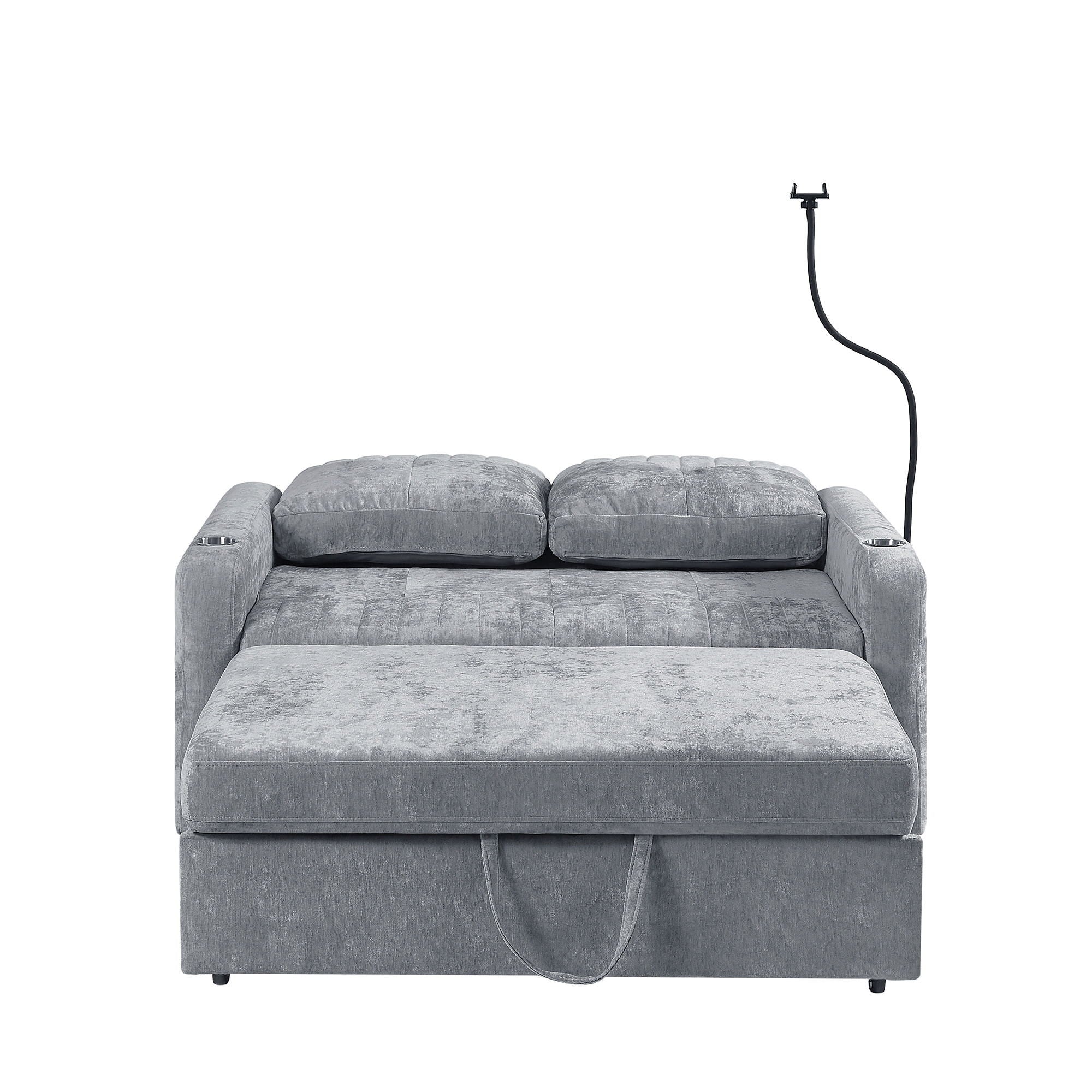 Modern Loveseat Pull Out Sofa Bed With Adjustable Backrest, Two Cup Holders, A Phone Holder, Three Charging Ports And Side Storage Pockets For Living Room