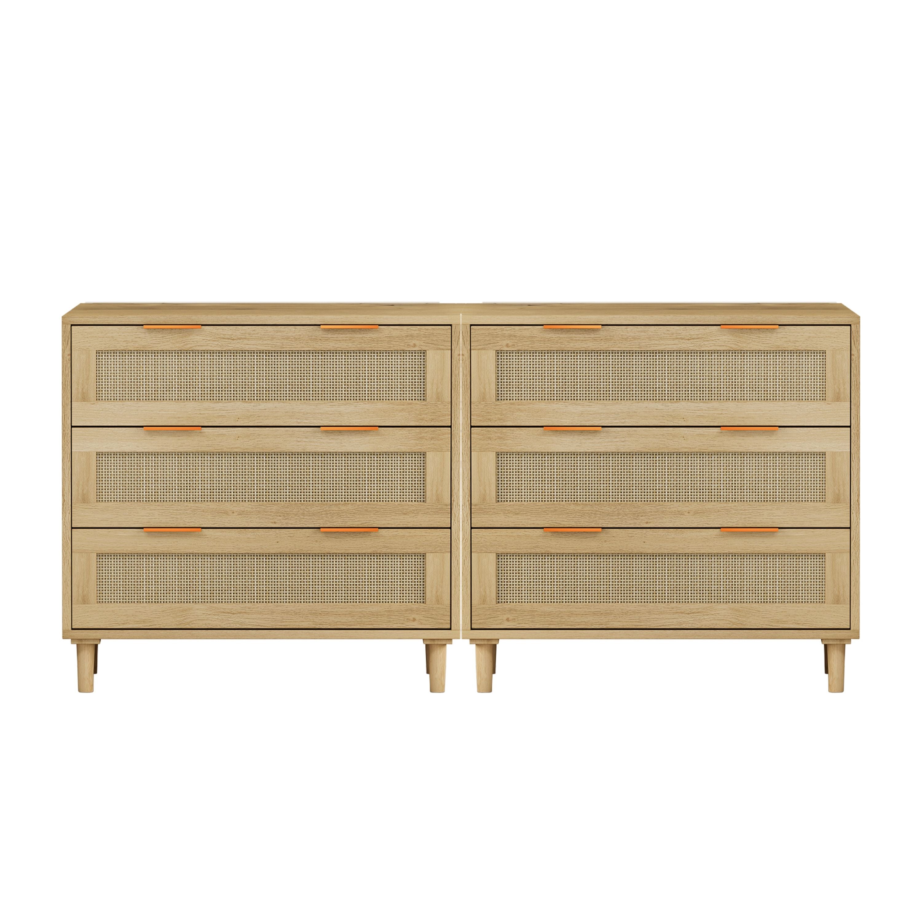 3 Drawers Rattan Storage Cabinet Rattan Drawer, For Bedroom, Living Room, Dining Room, Hallways (Set of 2) - Oak