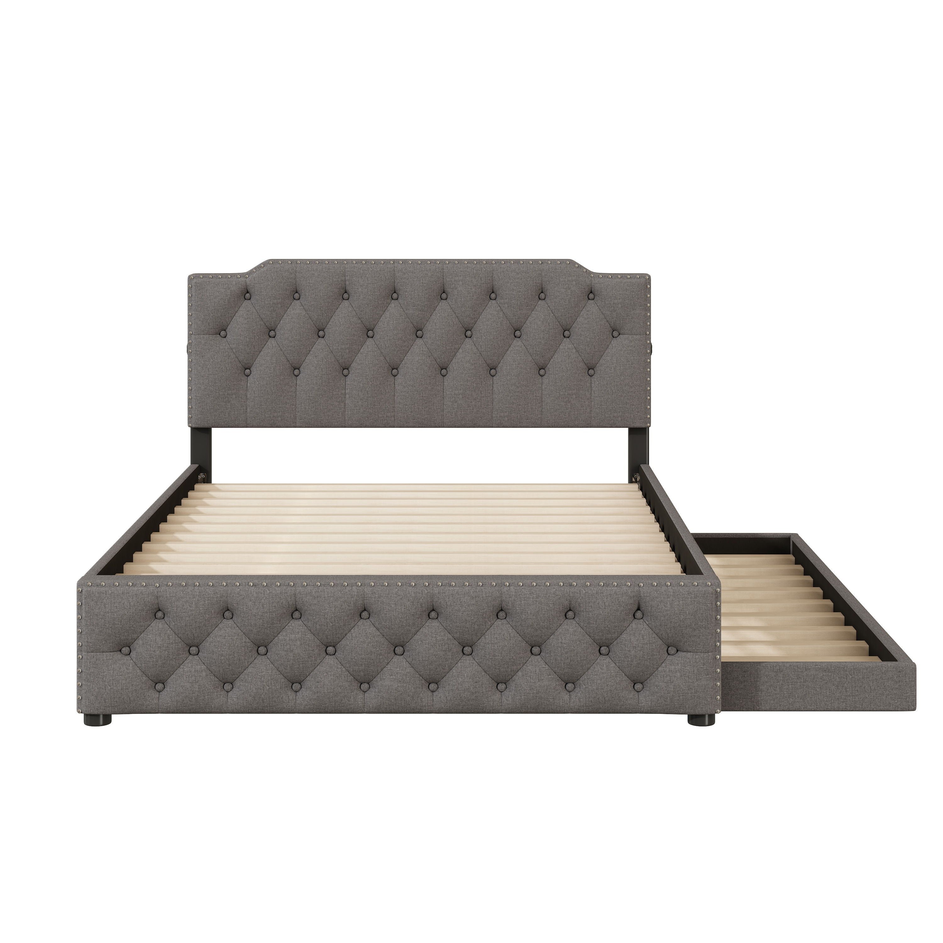 Upholstered Platform Bed With Twin Size Trundle And 2 Sets Of USB Ports On Each Side, Linen Fabric