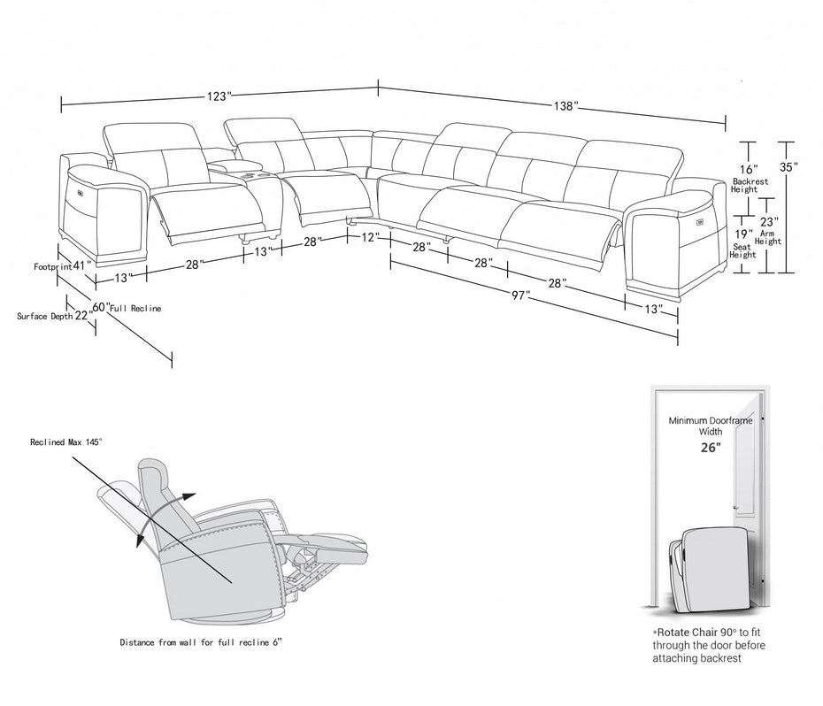 Italian Leather U Shaped Power Reclining Seven Piece Corner Sectional With Console - Gray