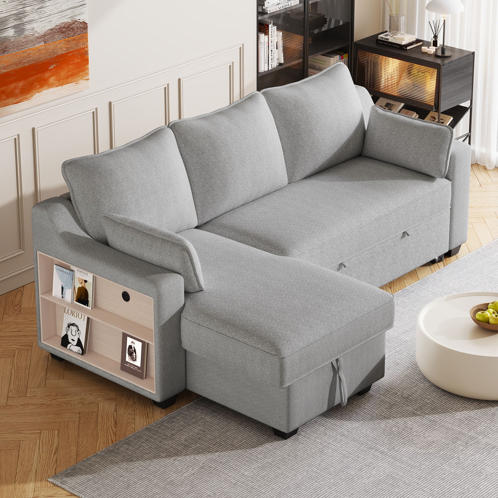 Pull Out Sleeper Sofa L-Shaped Couch Convertible Sofa Bed With Storage Chaise, Storage Racks And USB Ports