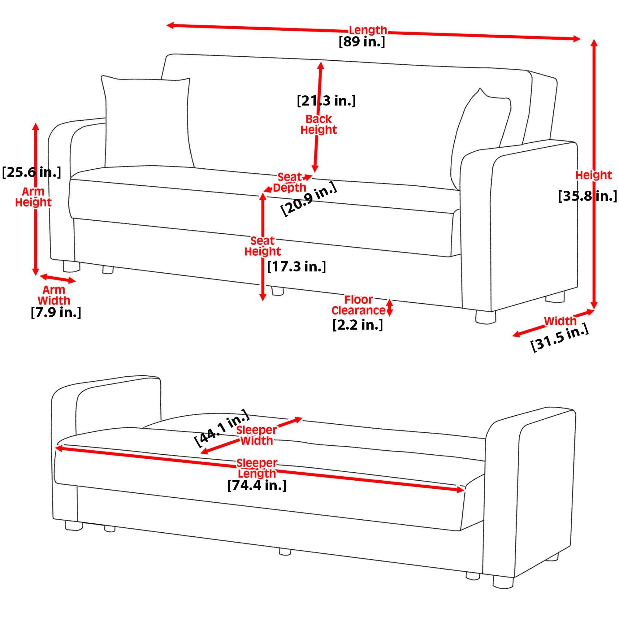 Microfiber Sleeper Sleeper Sofa And Toss Pillows With Silver Legs - Red