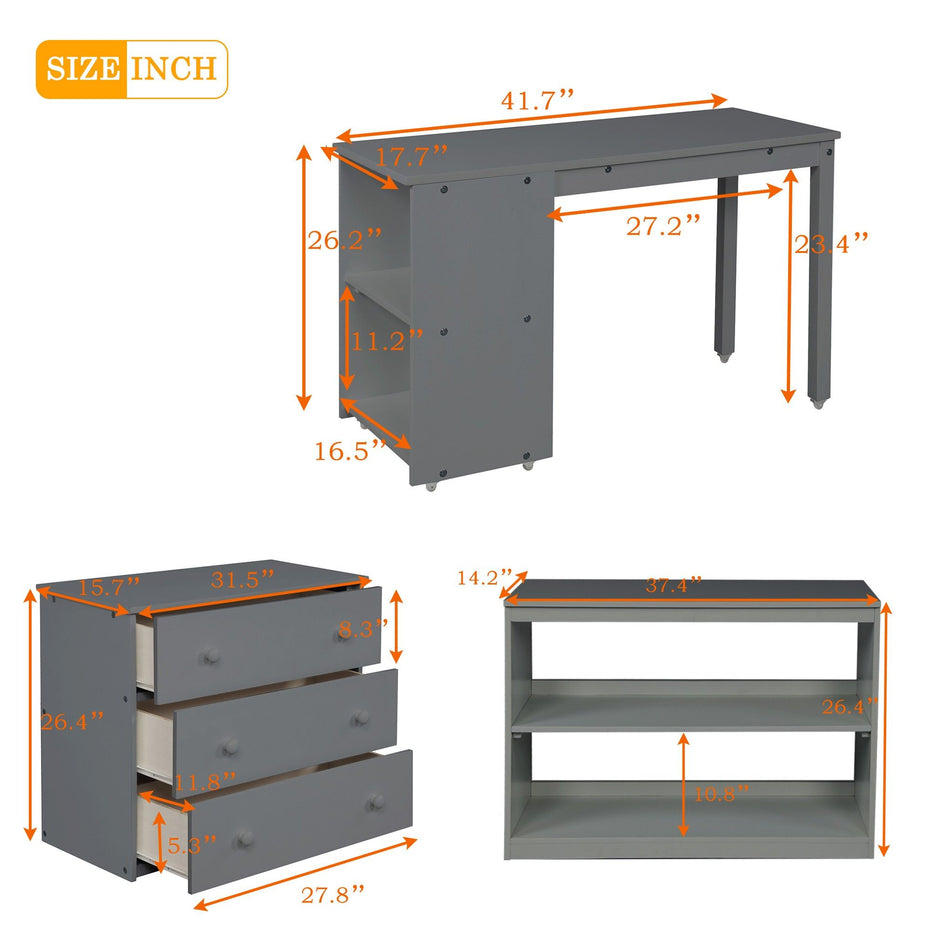 Low Twin Loft Bed With Cabinet and Desk - Gray