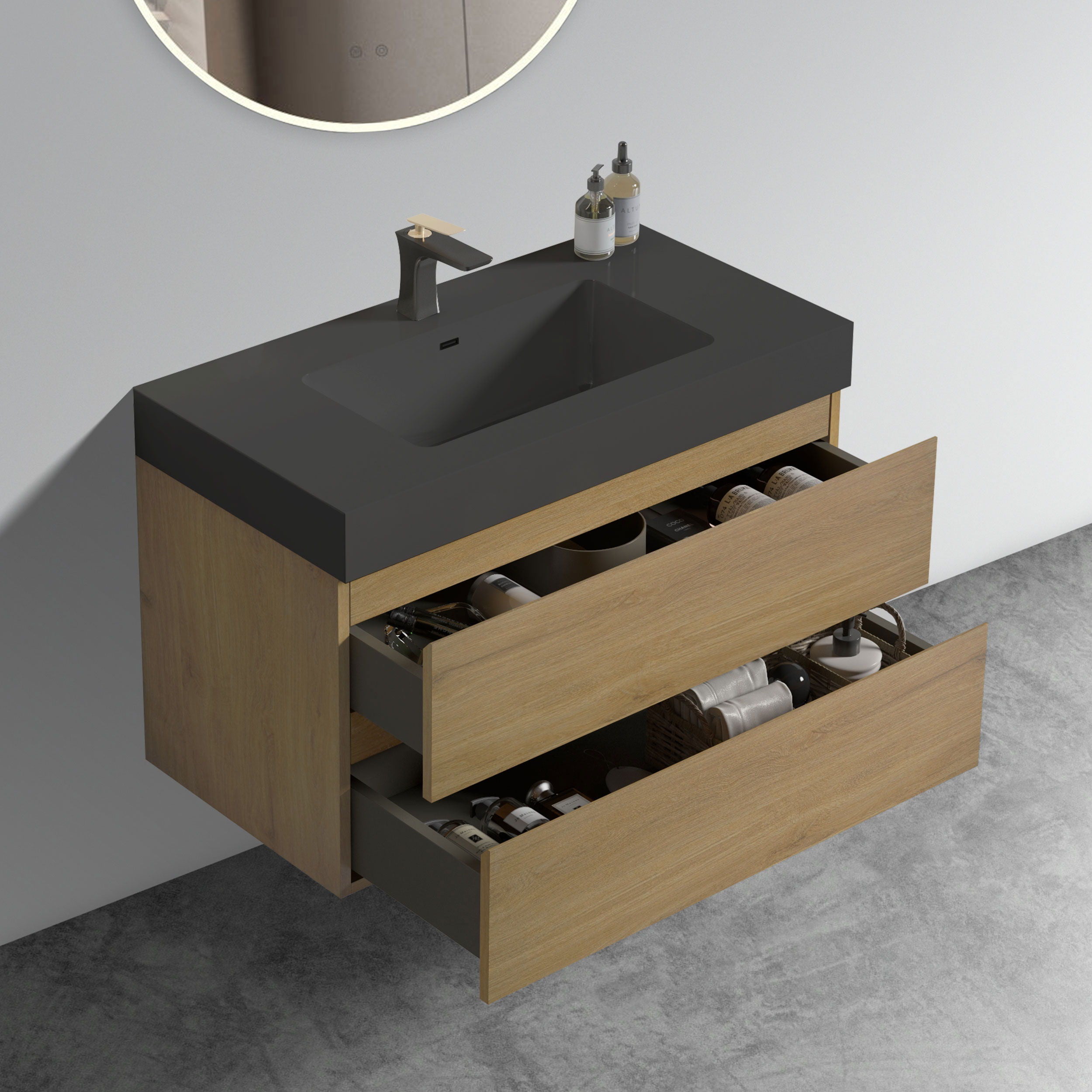 Alice - Natural Oak Bathroom Vanity With Sink, Large Storage Wall Mounted Floating Bathroom Vanity For Modern Bathroom, One-Piece Black Sink Basin Without Drain