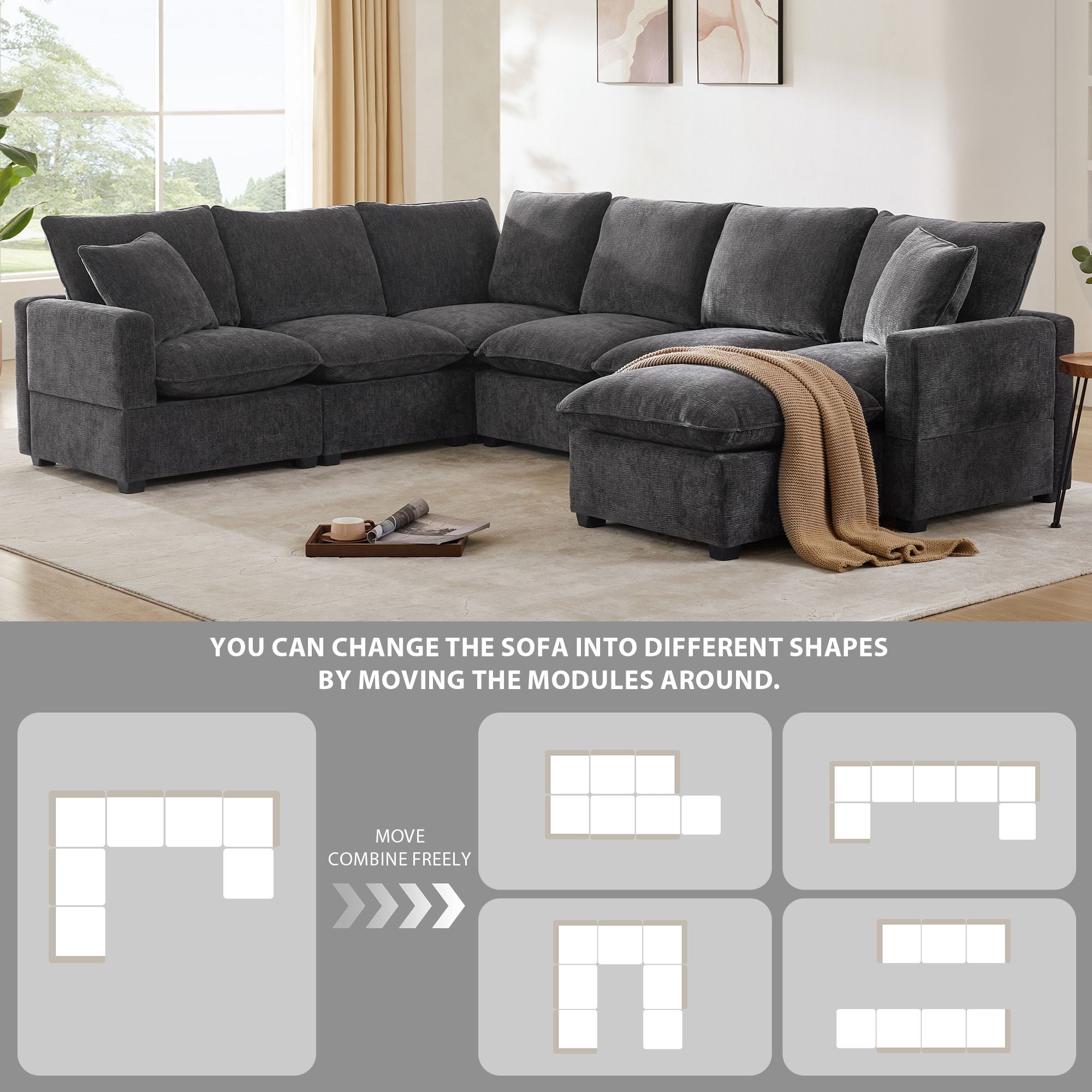 Modern U-Shape Modular Sofa, 7 Seat Chenille Sectional Couch Set With 2 Pillows Included, Freely Combinable Indoor Funiture For Living Room, Apartment, Office