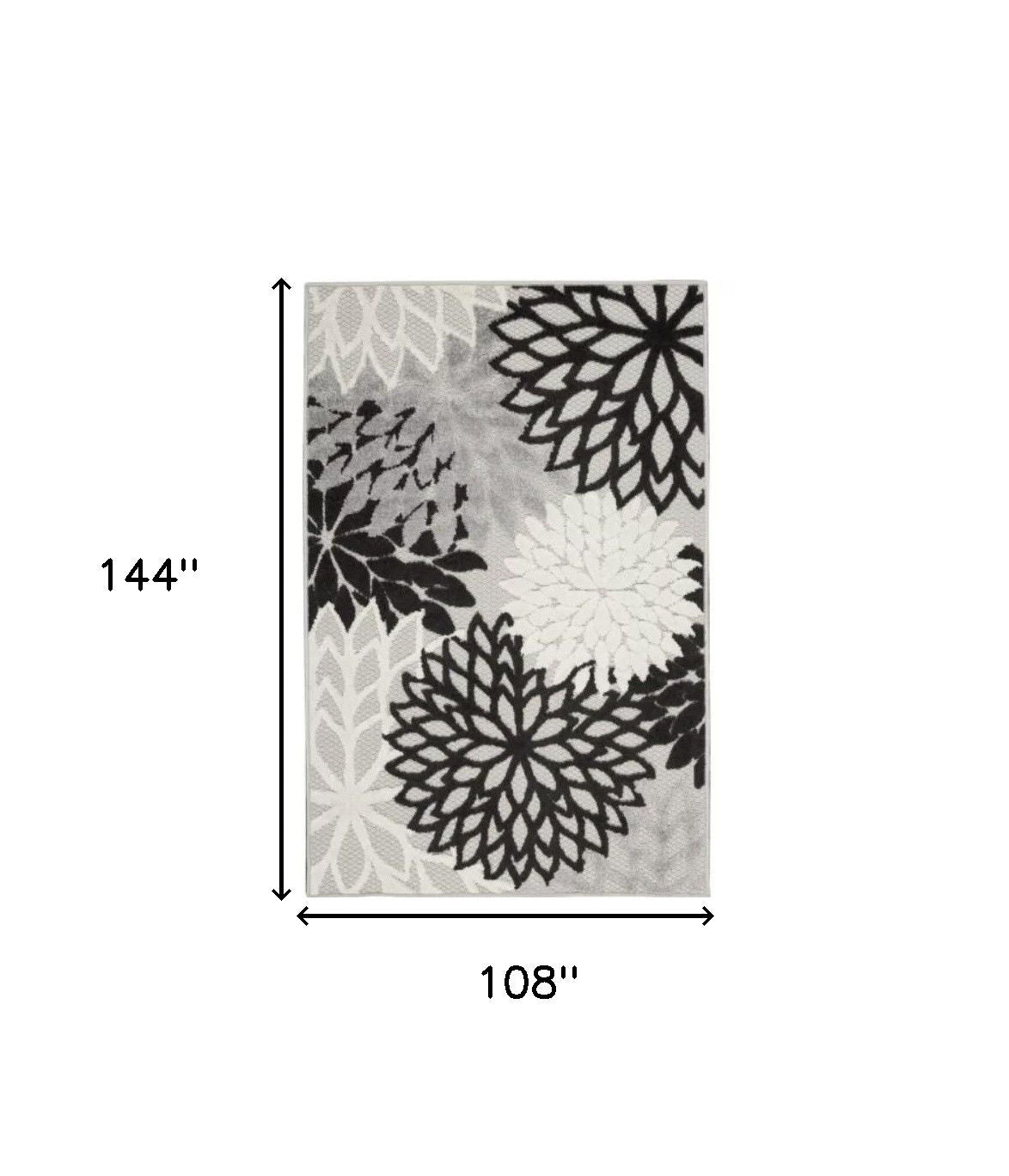 9' X 12' Floral Non Skid Indoor / Outdoor Area Rug - Black / White