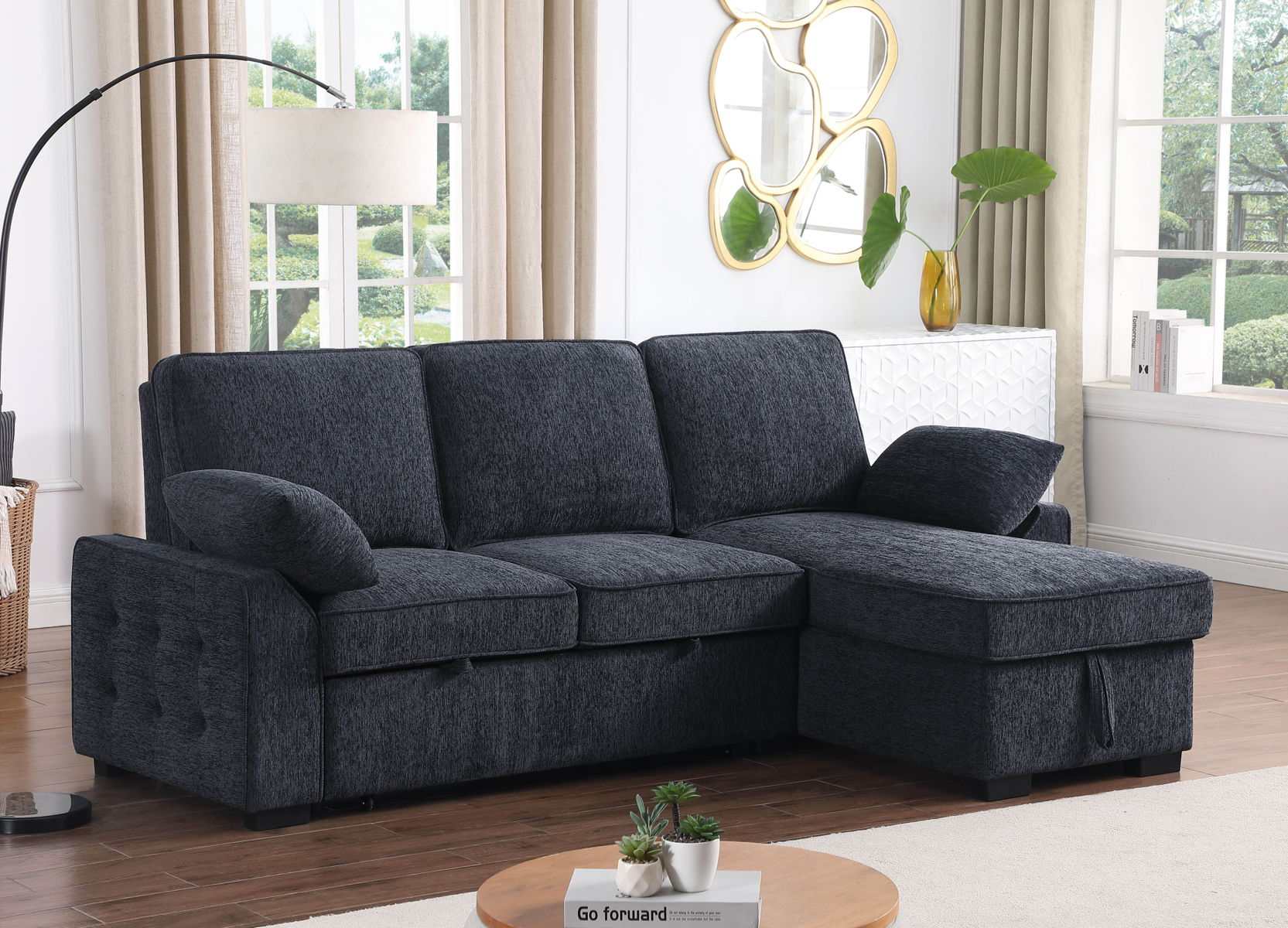 Mackenzie - Chenille Fabric Sleeper Sectional With Right-Facing Storage Chaise