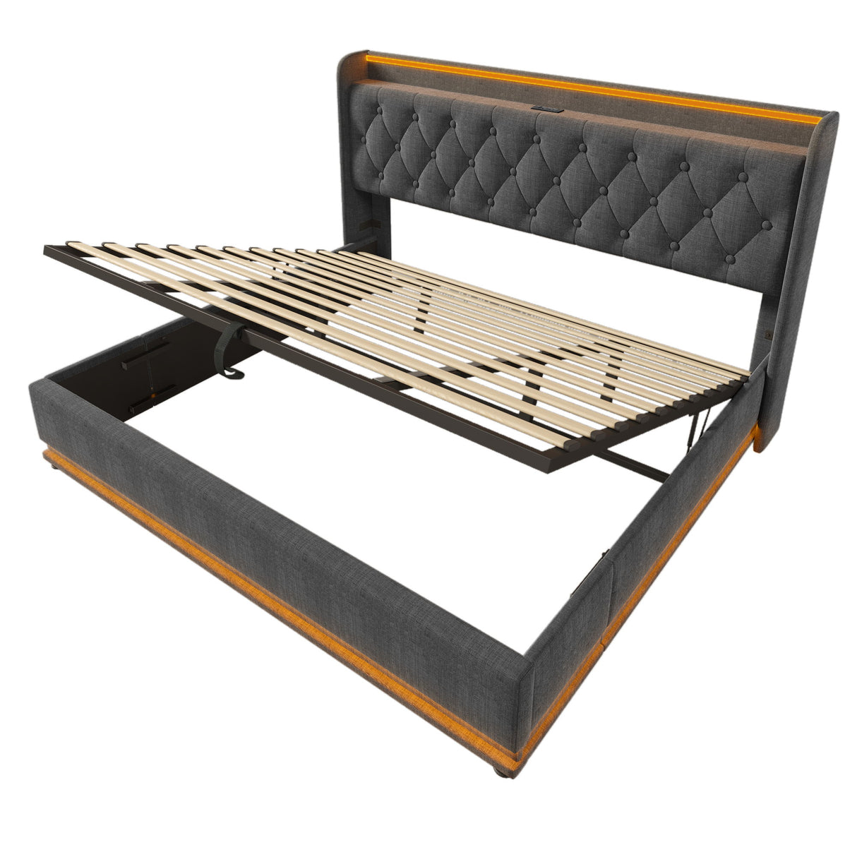 Upholstered Bed, 360 Surround LED Function, Remote Control, Hydraulic Storage Bed With USB, Type-C Charging (Without Mattress)