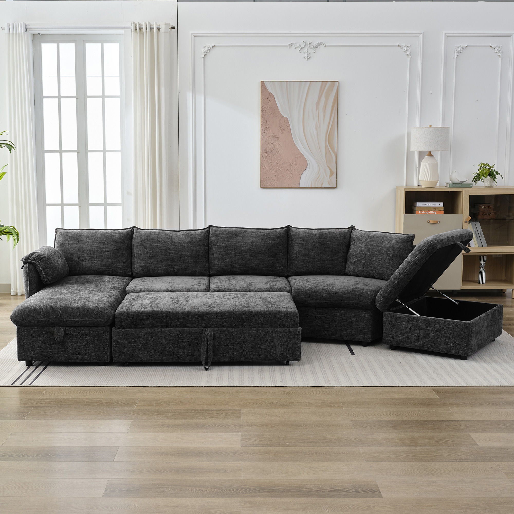 L-Shaped Sofa Sectional Sofa Couch Pull-Out Sofa Bed With A Movable Storage Ottoman, A Storage Chaise Lounge And Two USB Ports For Living Room