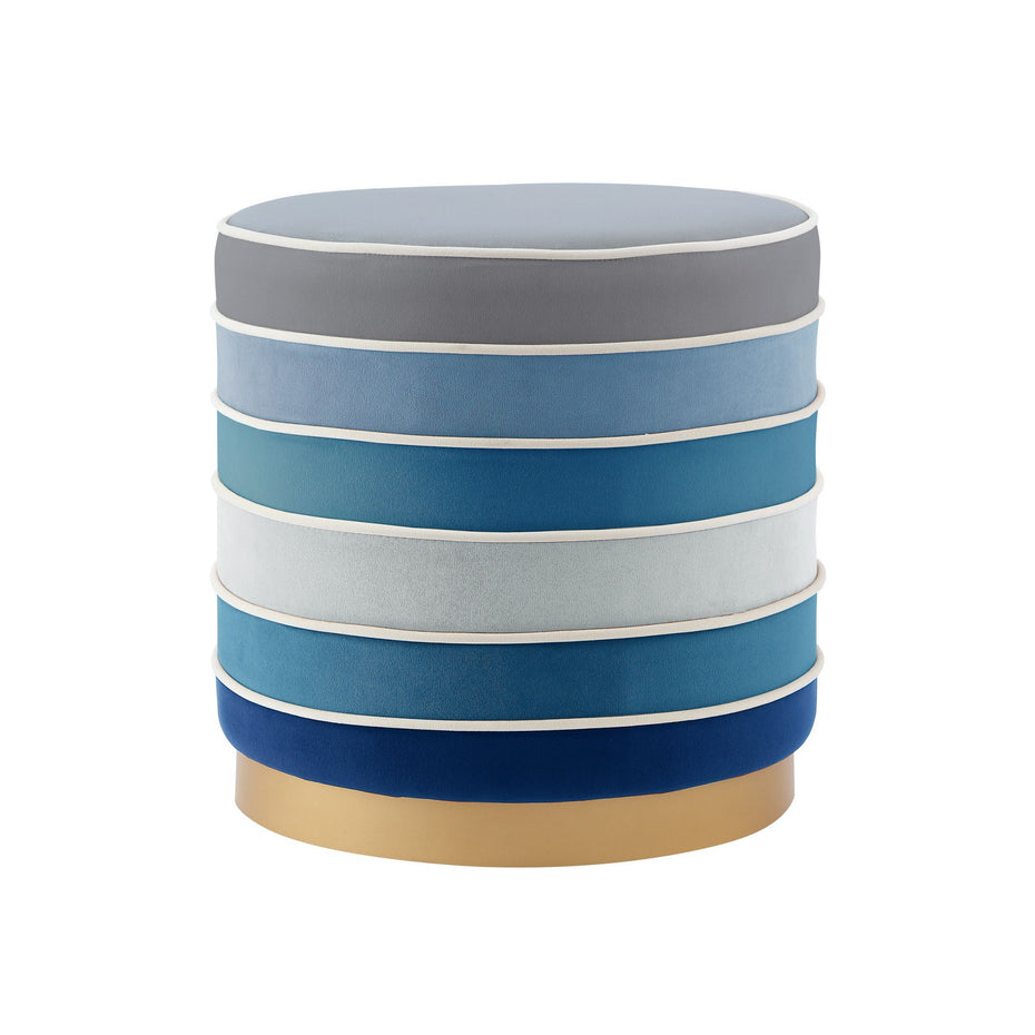 Velvet Round Striped Ottoman - Blue / Gold