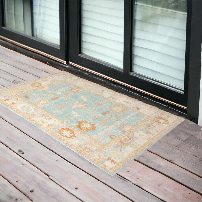 2' X 3' Floral Stain Resistant Outdoor / Indoor Area Rug - Blue / Orange