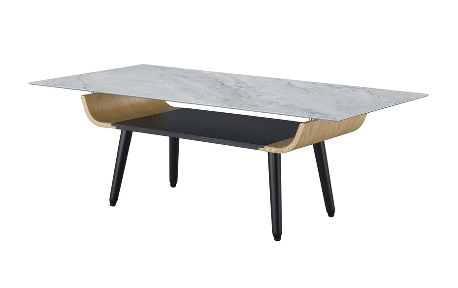 Landon - Coffee Table With Glass Marble Texture Top And Bent Wood Design