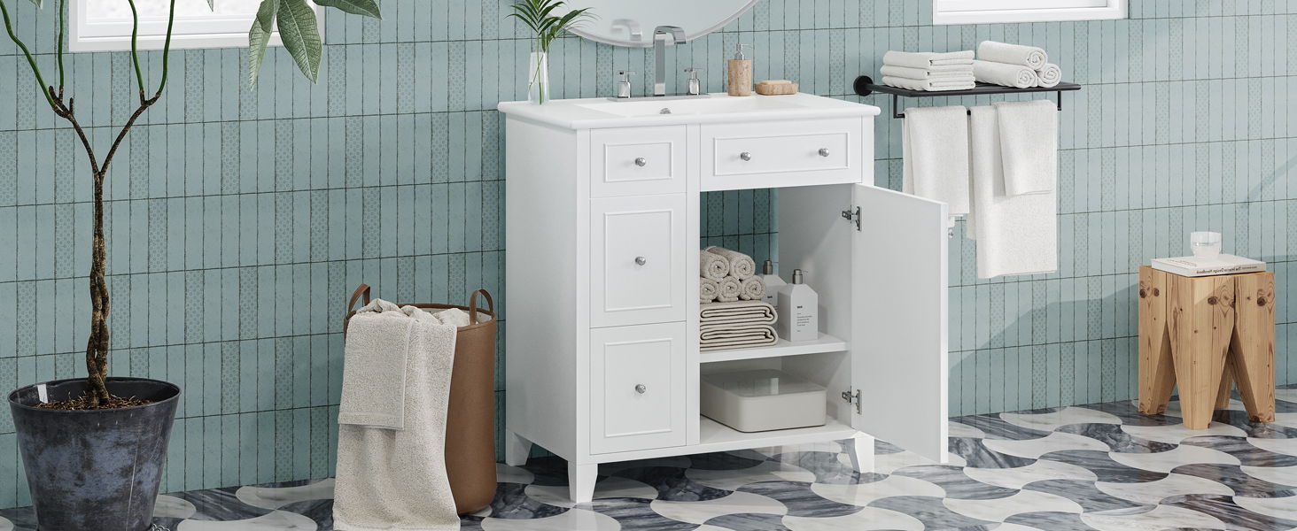 Bathroom Vanity Cabinet With Ceramic Basin, Double-Layer Drawer, Deep Drawer And Adjustable Shelf