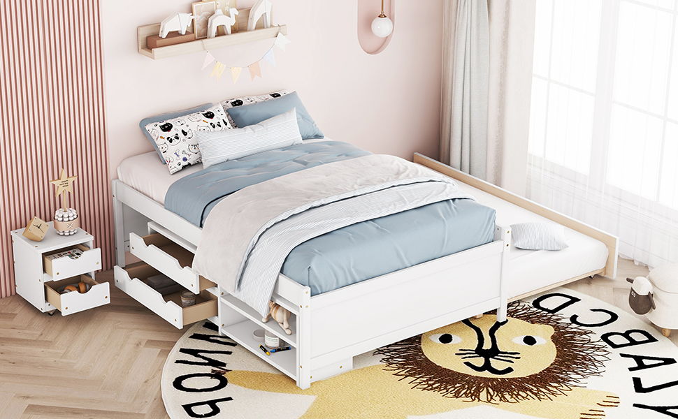 Versatile Bed With Trundle, Under Bed Storage Box And Nightstand