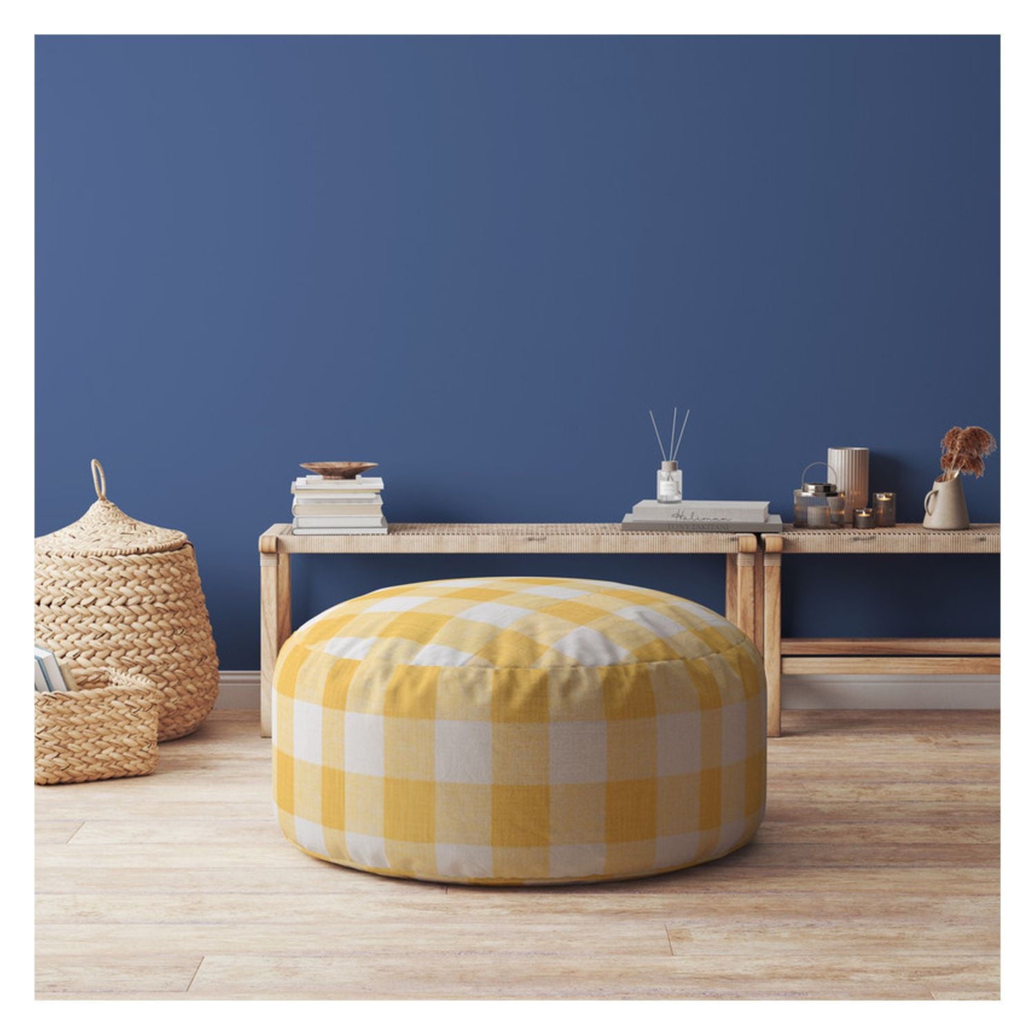 Canvas Round Gingham Pouf Cover - Yellow / White