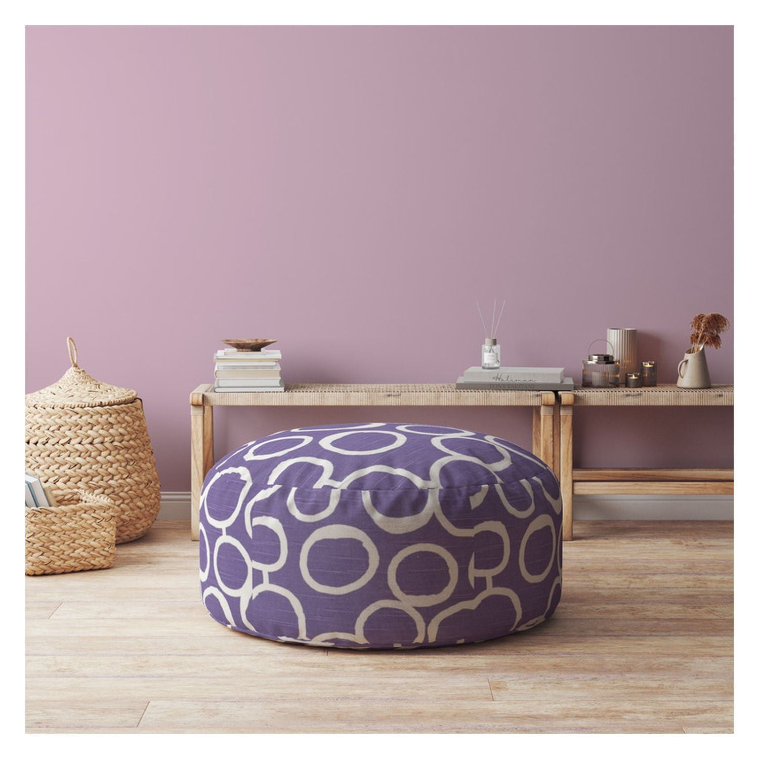 Cotton Round Abstract Pouf Ottoman - Purple / White