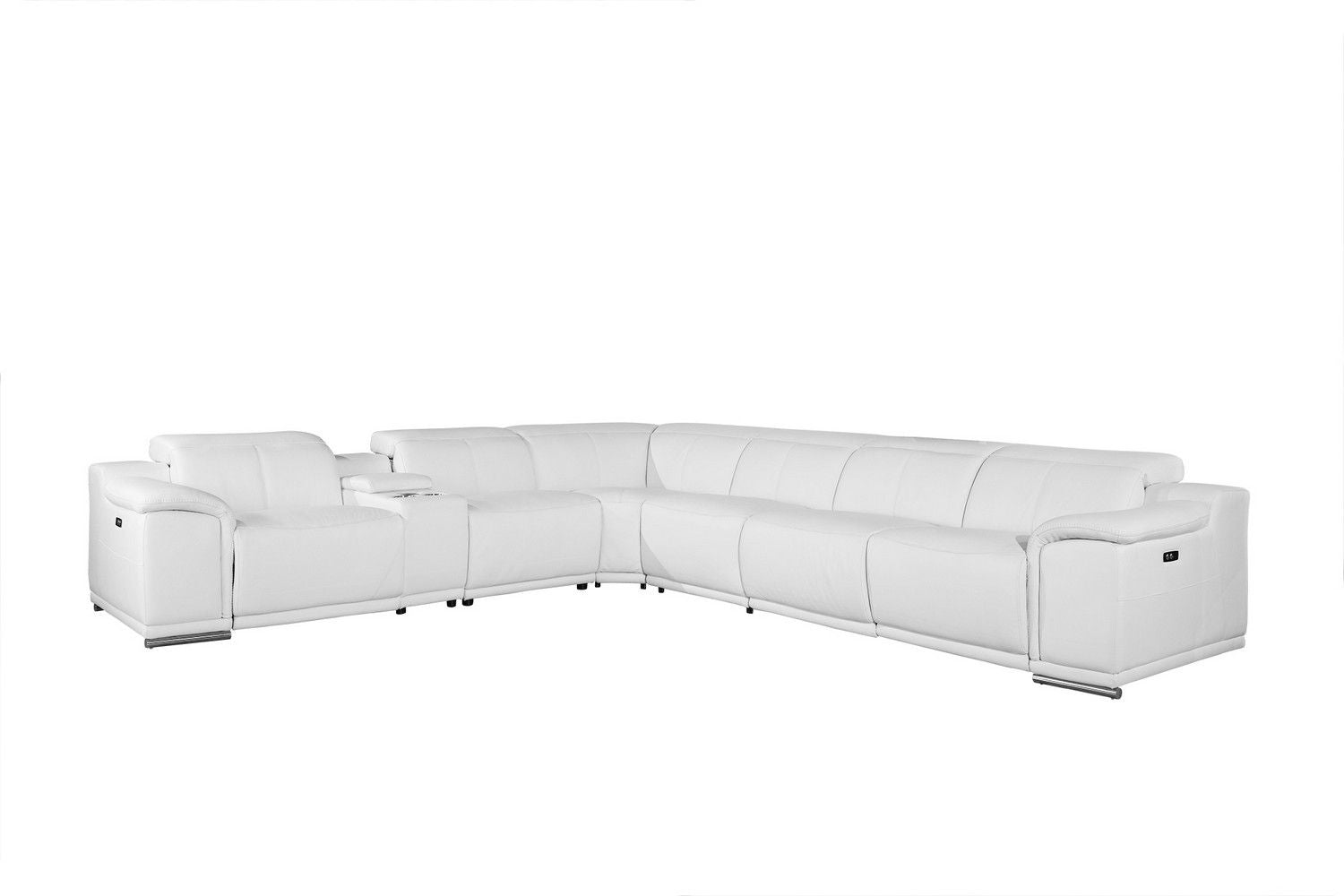 Italian Leather Power Reclining U Shaped Seven Piece Corner Sectional With Console - White