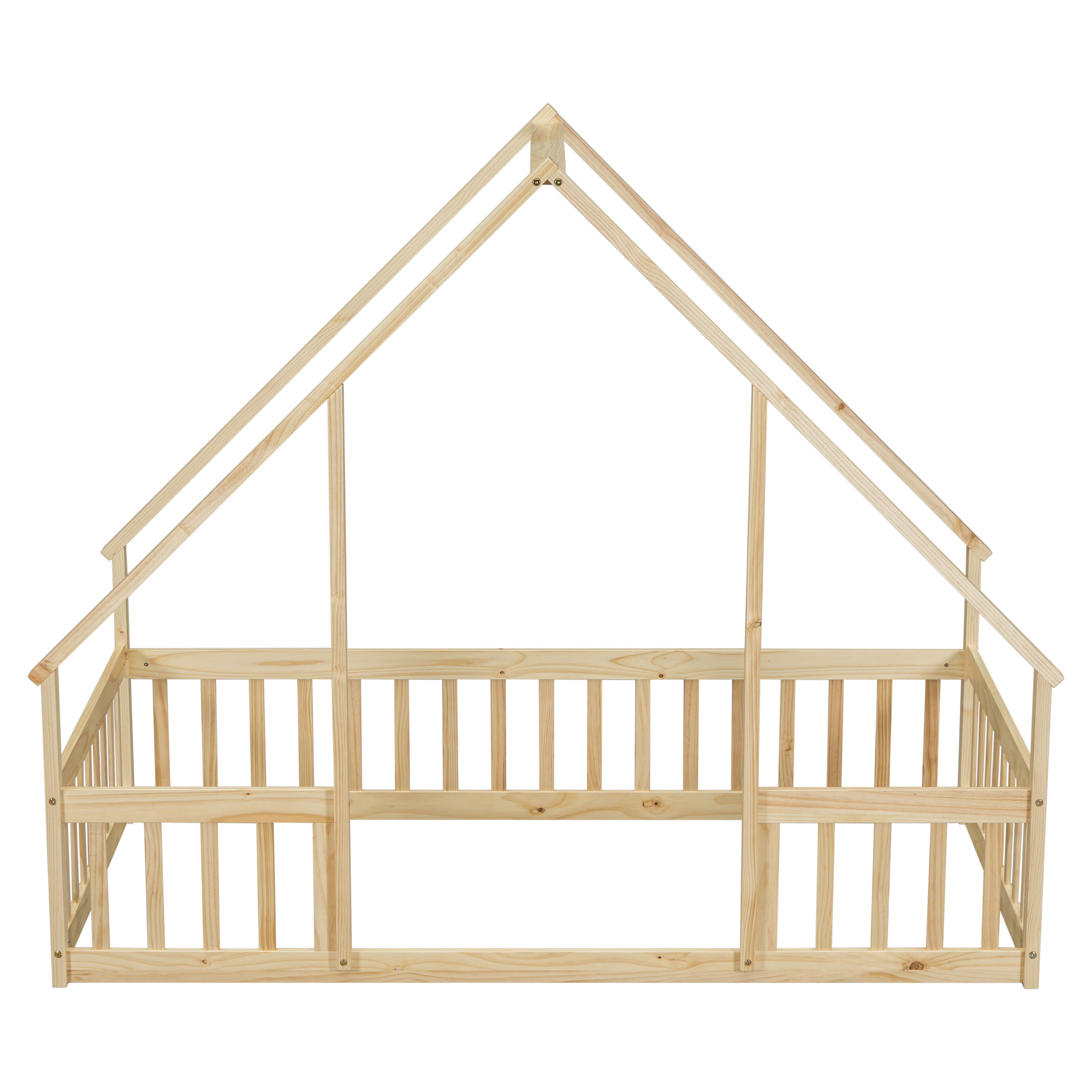 Wood House-Shaped Floor Bed With Fence, Guardrails