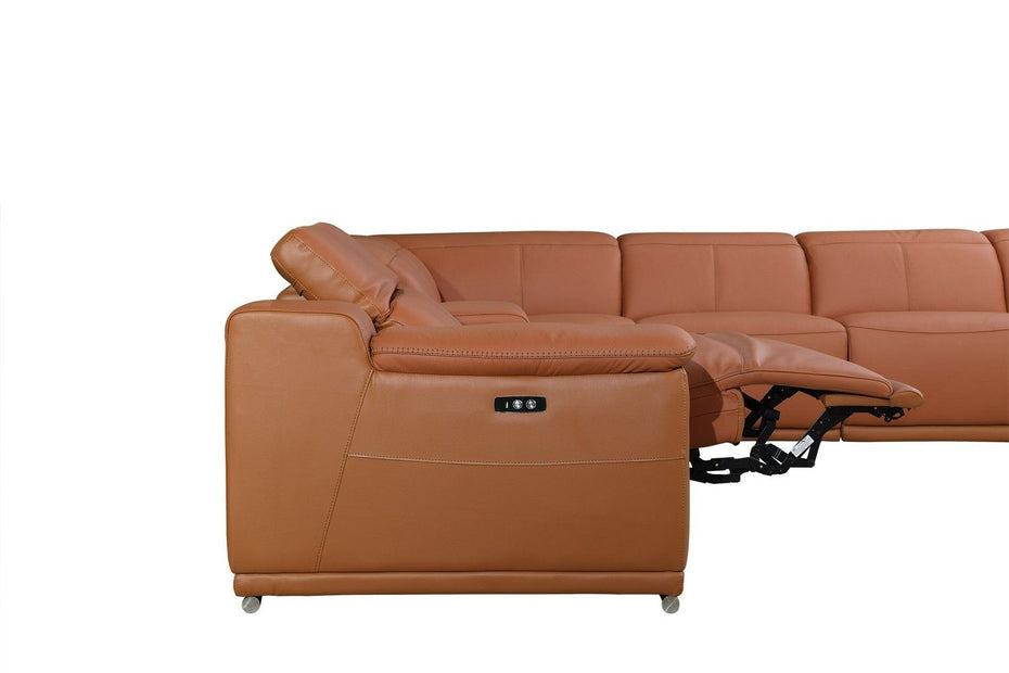 Italian Leather Power Reclining U Shaped Eight Piece Corner Sectional With Console - Camel