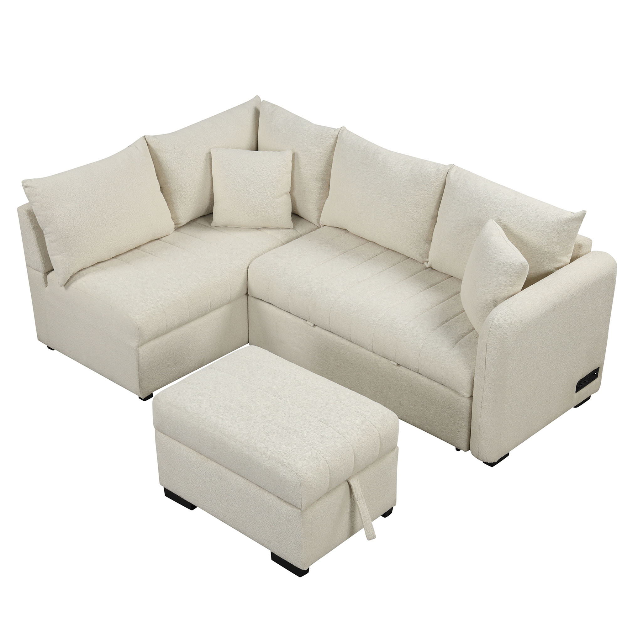 L-Shaped Sectional Pull Out Sofa Bed Sleeper Sofa With Two USB Ports, Two Power Sockets And A Movable Storage Ottoman