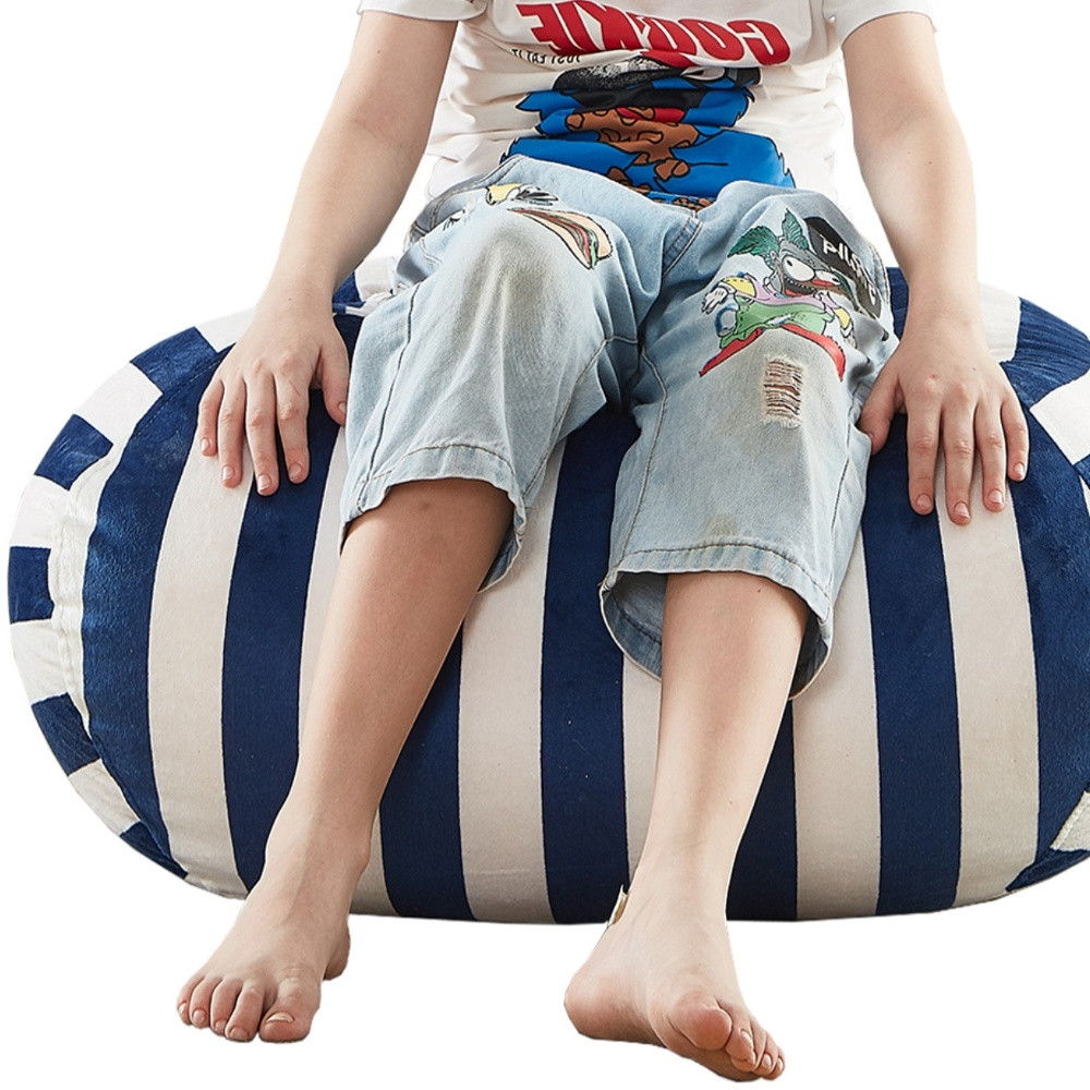 Microfiber Round Striped Pouf Cover - Blue / White