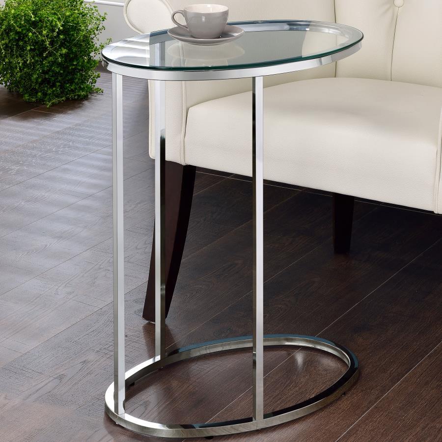 Kyle - Oval Glass Top C-Shaped Sofa Side Table - Chrome by CoasterEveryday | Bel Furniture