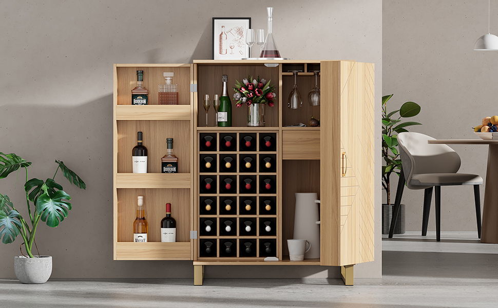 Modern Home Bar Cabinet Carved Wine Cabinet With Storage - Natural