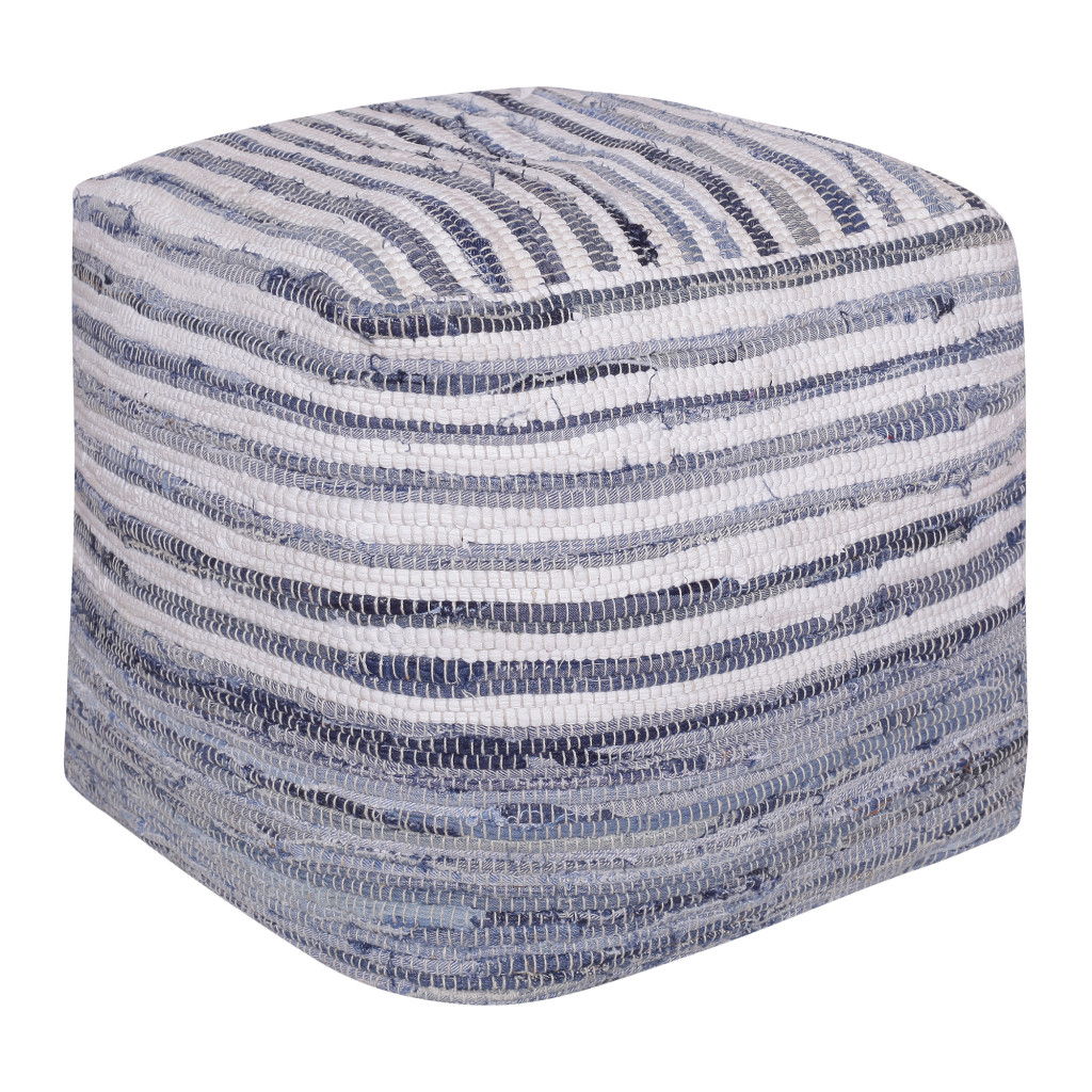 Cotton Cube Striped Pouf Ottoman - Blue